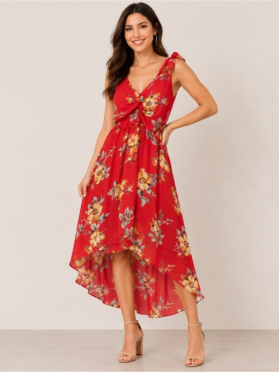 As U Wish Dresses & Skirts - As U Wish Red Floral Midi Dress (Size Medium)